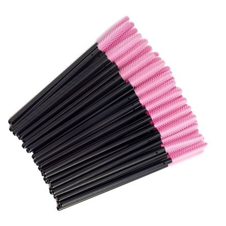 Silicone eyelash brushes, with black handle and pink bristles, 50 pcs