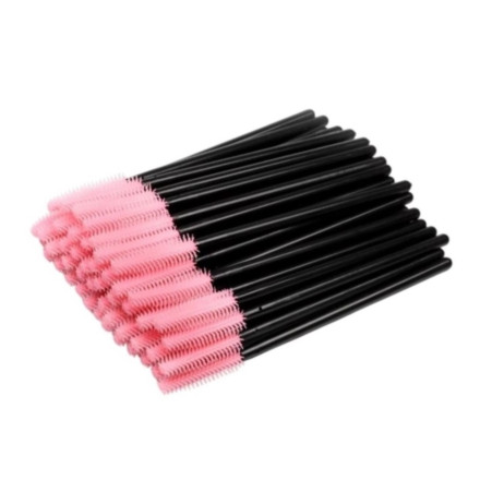 Silicone eyelash brushes, with black handle and pink bristles, 50 pcs