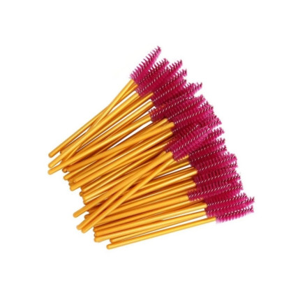 Eyebrow and eyelash brushes, nylon, with golden handle and raspberry bristles, 50 pcs