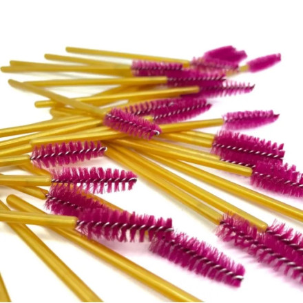 Eyebrow and eyelash brushes, nylon, with golden handle and raspberry bristles, 50 pcs