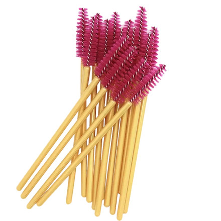 Eyebrow and eyelash brushes, nylon, with golden handle and raspberry bristles, 50 pcs