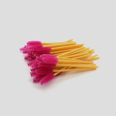 Eyebrow and eyelash brushes, nylon, with golden handle and raspberry bristles, 50 pcs