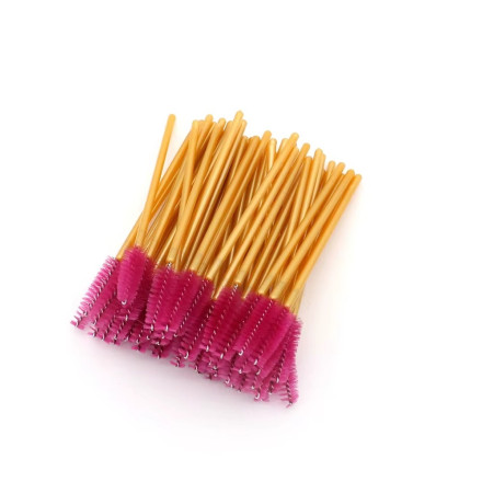Eyebrow and eyelash brushes, nylon, with golden handle and raspberry bristles, 50 pcs