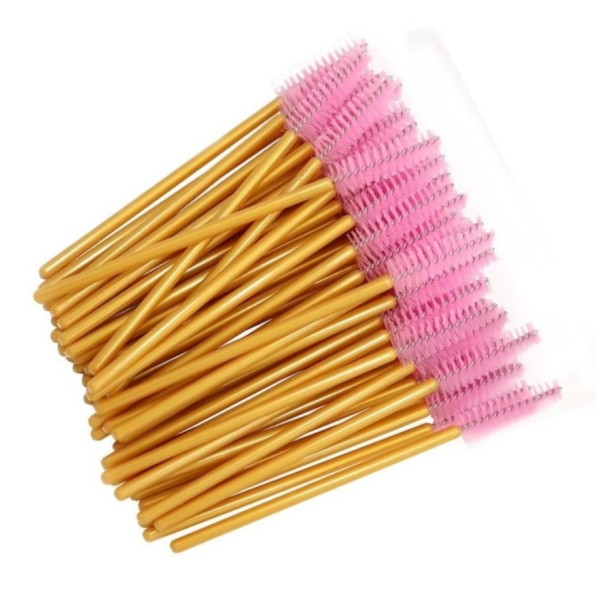 Eyebrow and eyelash brushes, nylon, with golden handle and pink bristles, 50 pcs