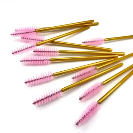 Eyebrow and eyelash brushes, nylon, with golden handle and pink bristles, 50 pcs