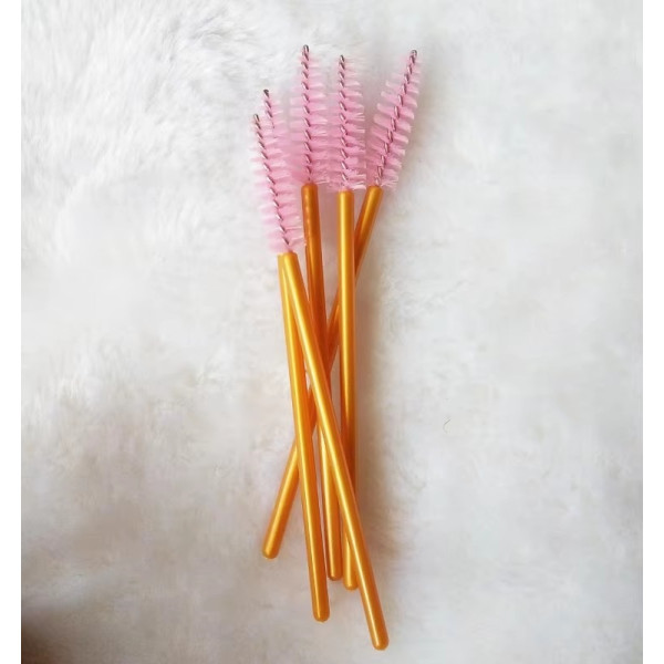 Eyebrow and eyelash brushes, nylon, with golden handle and pink bristles, 50 pcs