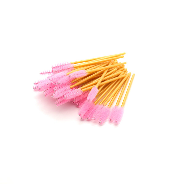 Eyebrow and eyelash brushes, nylon, with golden handle and pink bristles, 50 pcs