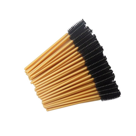 Eyebrow and eyelash brushes, nylon, with golden handle and black bristles, 50 pcs