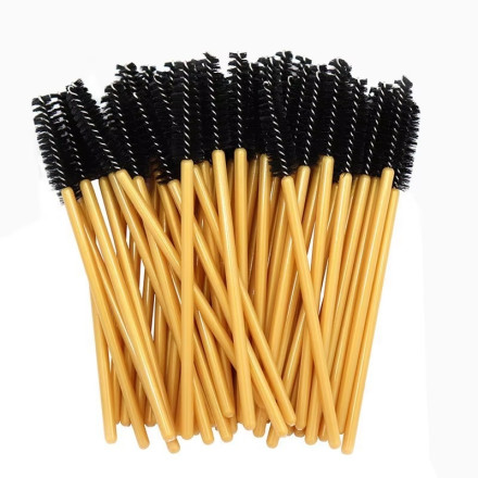 Eyebrow and eyelash brushes, nylon, with golden handle and black bristles, 50 pcs