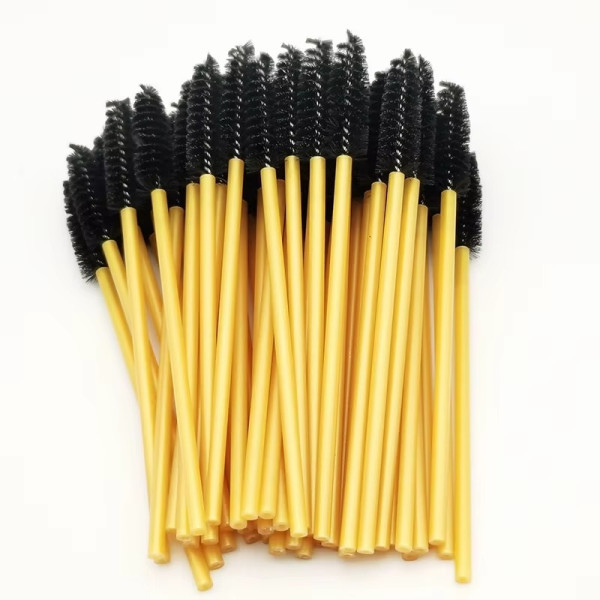 Eyebrow and eyelash brushes, nylon, with golden handle and black bristles, 50 pcs