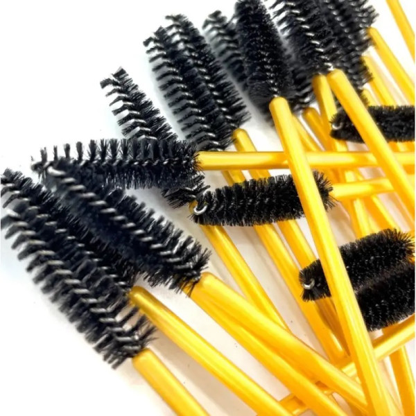 Eyebrow and eyelash brushes, nylon, with golden handle and black bristles, 50 pcs