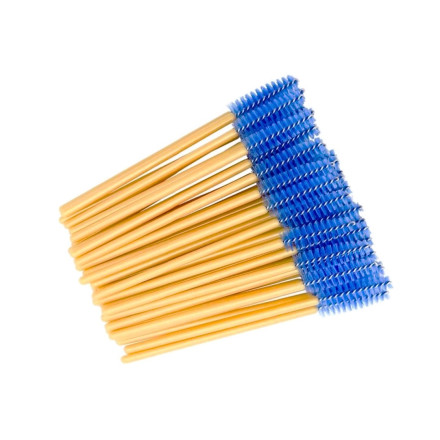 Eyebrow and eyelash brushes, nylon, with golden handle and blue bristles, 50 pcs