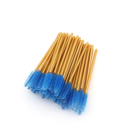 Eyebrow and eyelash brushes, nylon, with golden handle and blue bristles, 50 pcs