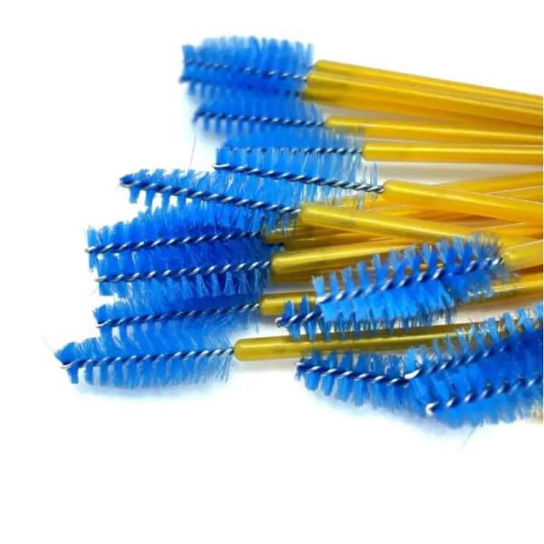 Eyebrow and eyelash brushes, nylon, with golden handle and blue bristles, 50 pcs
