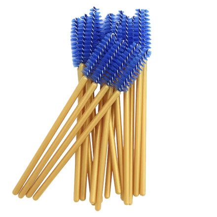 Eyebrow and eyelash brushes, nylon, with golden handle and blue bristles, 50 pcs