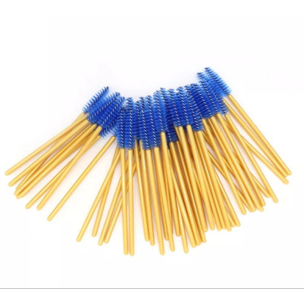 Eyebrow and eyelash brushes, nylon, with golden handle and blue bristles, 50 pcs