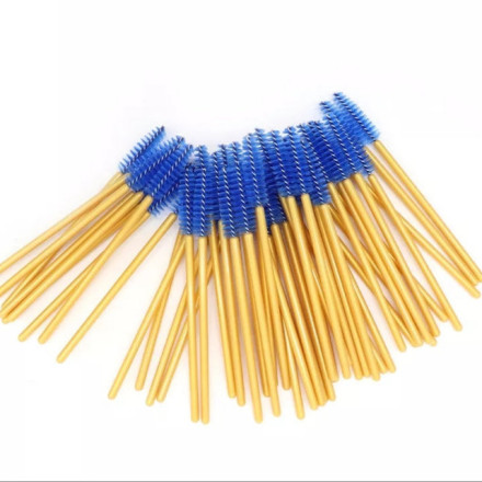 Eyebrow and eyelash brushes, nylon, with golden handle and blue bristles, 50 pcs