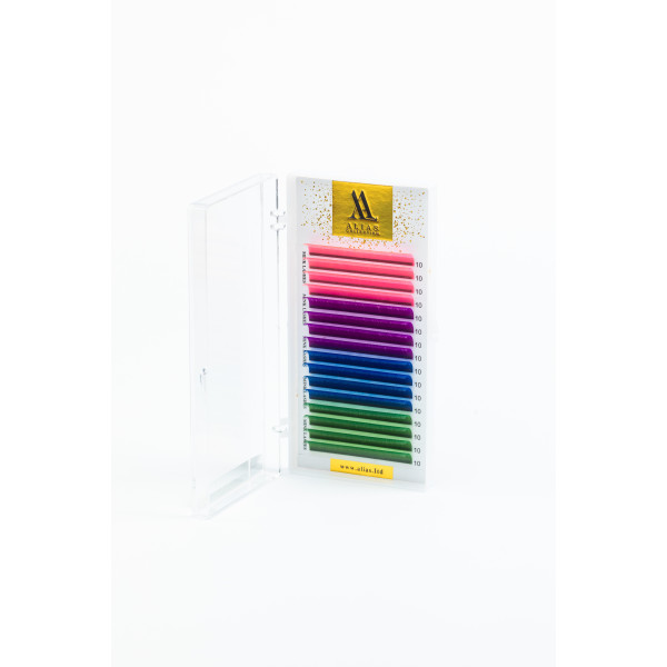 Rzęsy color ombre 16 linii ALIAS Pink Neon/Violet/Blue/Green Mix, skręt CC, 0.10, 10–12 mm