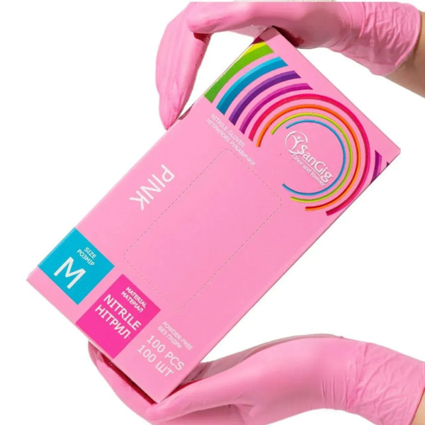 SanGig Pink Nitrile Gloves, M (100 pcs/pack)