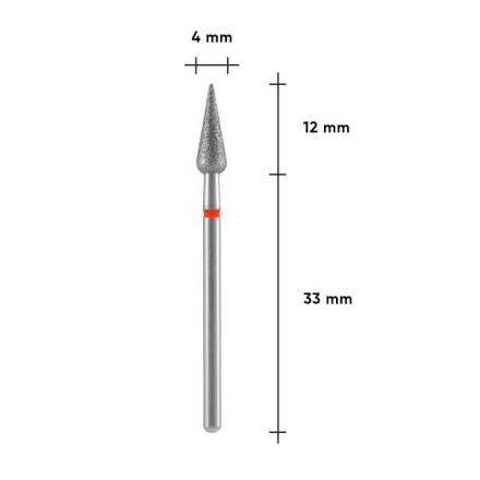 Diamond Nail Drill Bit STALEKS PRO EXPERT, Sharp Pear Shape, Diameter 4 mm, Working Part 12 mm (Red)